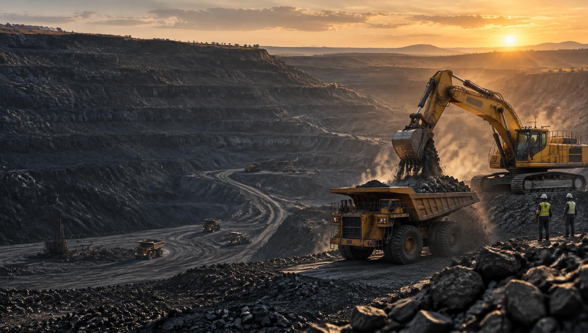 Open-pit mining operation with excavator and haul trucks
